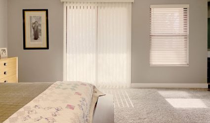 Bright room with vertical and horizontal blinds on windows.