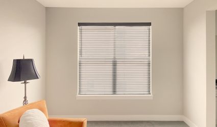 Elegant beige window blinds providing privacy and light control in a contemporary home.