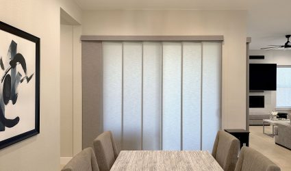Hunter Douglas Skyline Panel-Track Blinds with wand control, left stack vertical operation, and light filtering fabric panels.