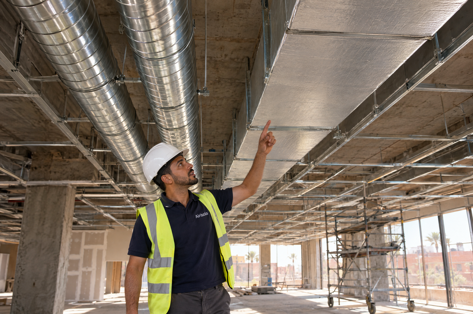 Installation de gaines galvanisées et PIR sur un chantier AIRISOLA à Marrakech
