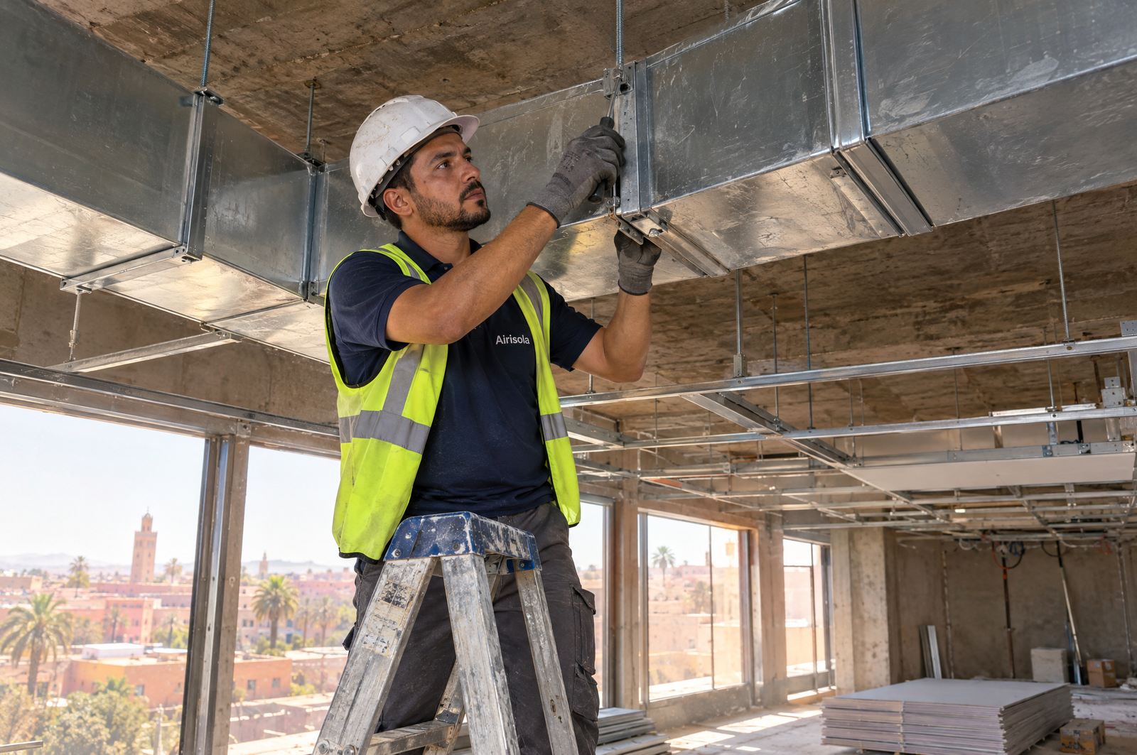 Installation de gaine rectangulaire double peau en faux-plafond sur un chantier AIRISOLA