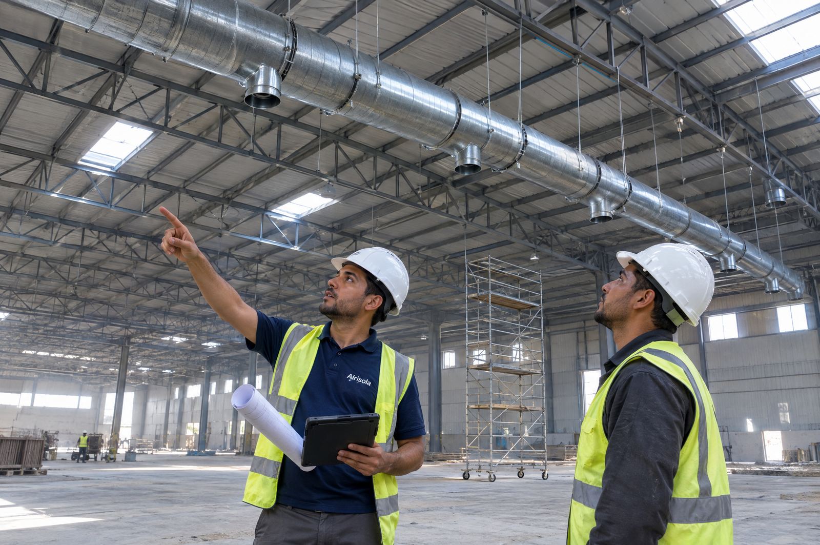 Technicien AIRISOLA en conseil technique sur un chantier de ventilation industrielle à Marrakech
