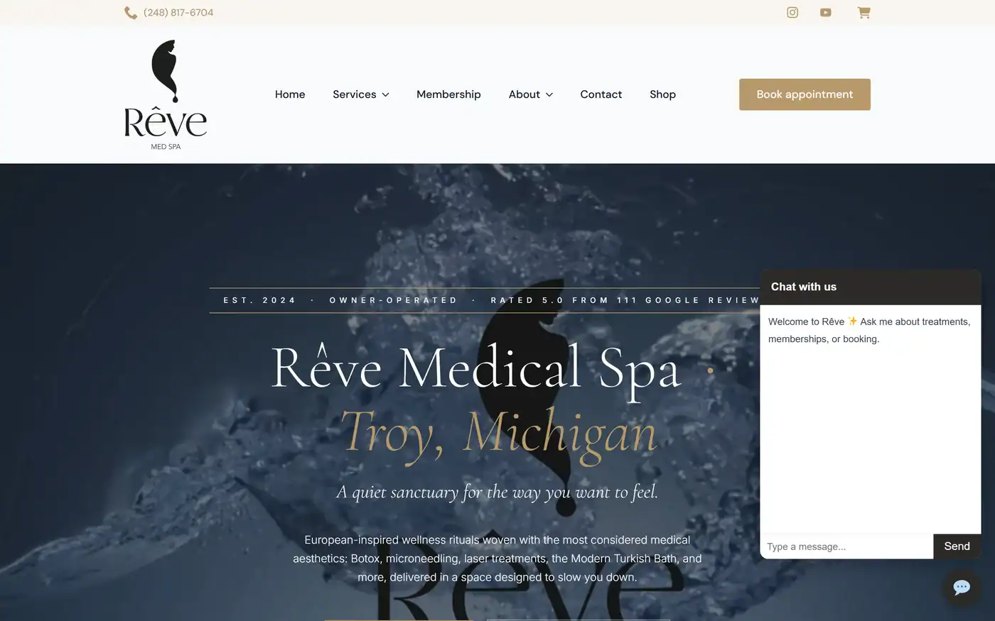 The AlbaTech AI Chat widget open on the R&ecirc;ve Medical Spa site with its own greeting