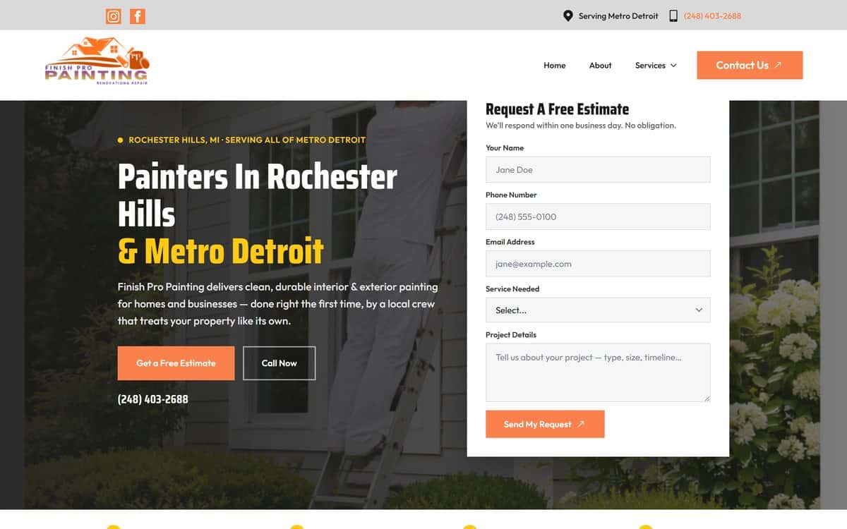 The Finish Pro Painting homepage with its free estimate form
