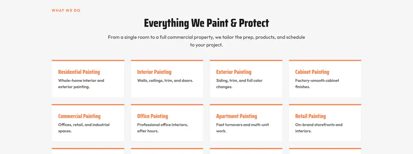 Finish Pro Painting services page listing residential, interior, exterior, cabinet, commercial, office, apartment and retail painting