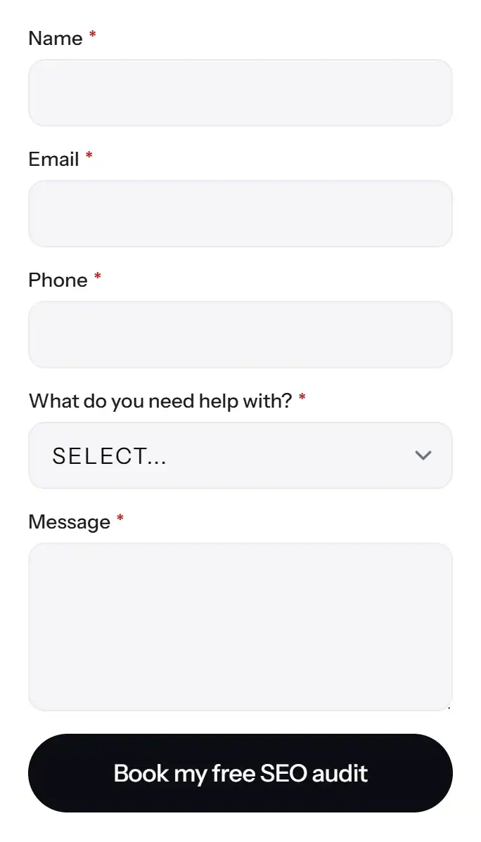 AlbaTech booking form with five fields: name, email, phone, what do you need help with, and message, and a Book my free SEO audit button