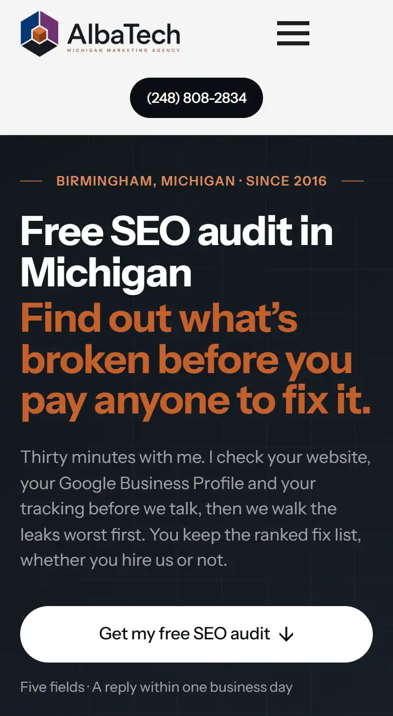 AlbaTech free SEO audit page on a phone describing a thirty-minute call and a ranked fix list, with a Get my free SEO audit button