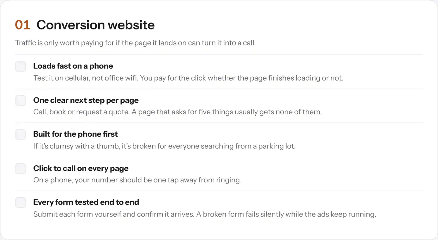 Conversion website section of the AlbaTech pre-launch checklist: loads fast on a phone, one clear next step per page, built for the phone first, click to call on every page, every form tested end to end