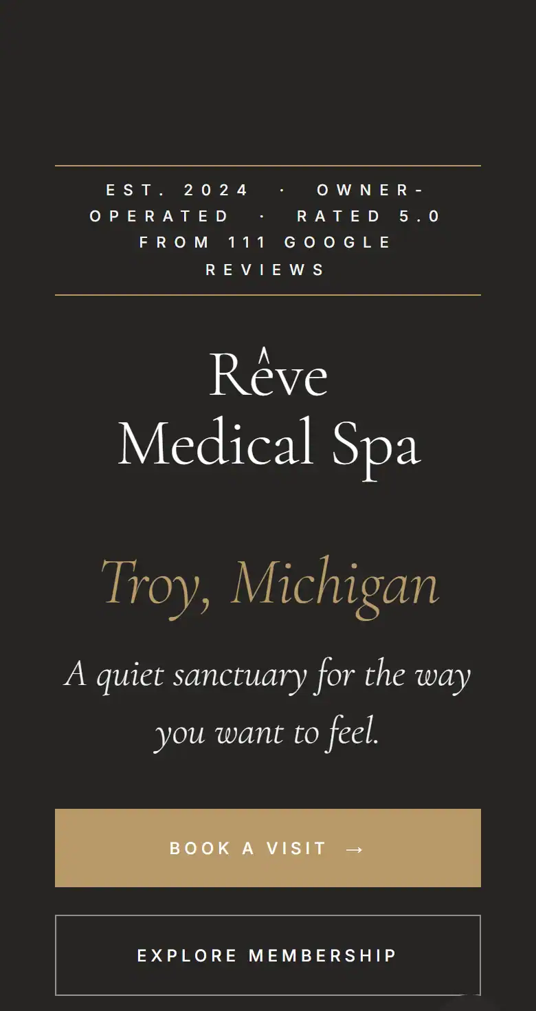 Rêve Medical Spa homepage on a phone with the line rated 5.0 from 111 Google reviews above a Book a visit button