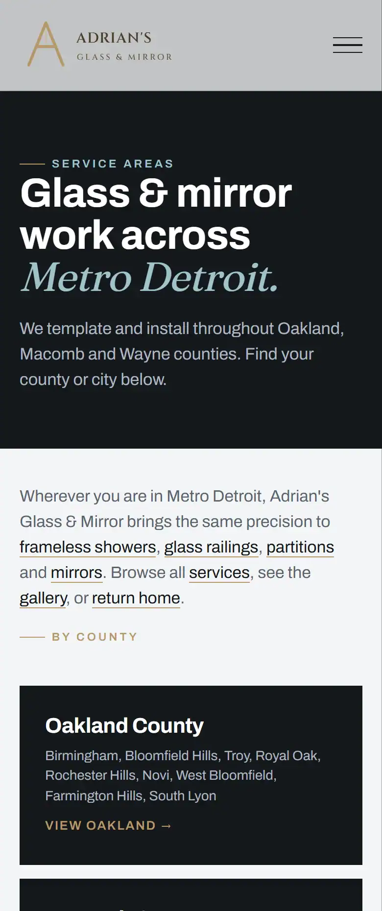 Adrian's Glass service areas page on a phone, organized by Oakland, Macomb, Wayne and Washtenaw counties with the cities in each