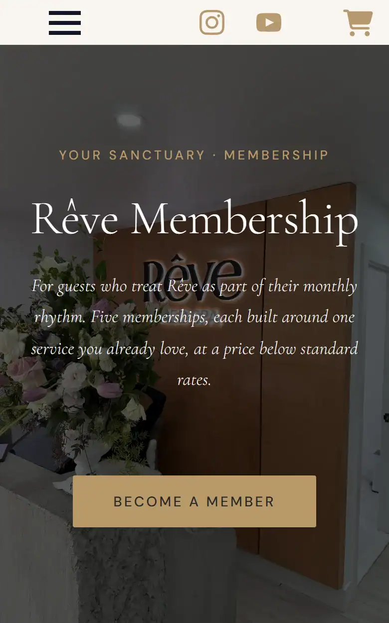 Rêve Medical Spa membership page on a phone describing five memberships built around a service guests already love, with a Become a member button