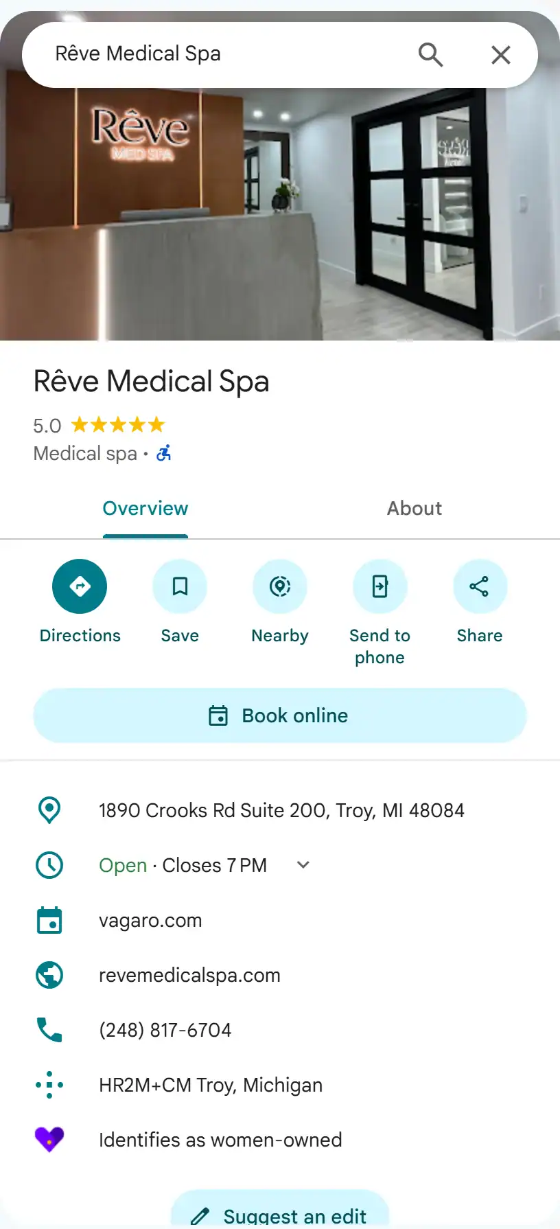 Rêve Medical Spa Google Maps profile showing its category, a Book online button, address, hours, website and phone