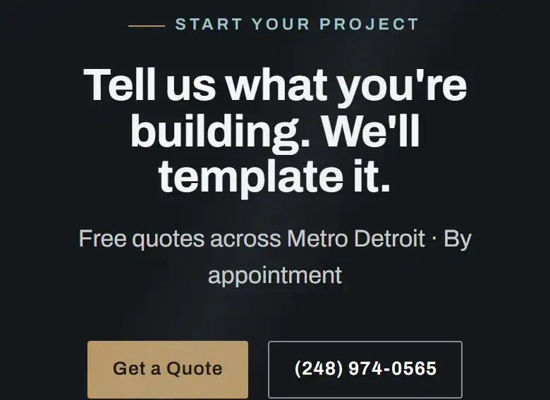 Adrian's Glass quote section reading Tell us what you're building, with free quotes across Metro Detroit, a Get a Quote button and the phone number
