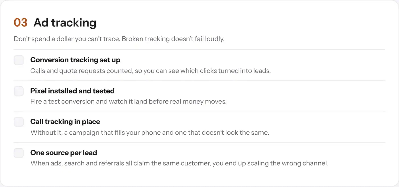 Ad tracking section of the AlbaTech pre-launch checklist listing conversion tracking, a tested pixel, call tracking and one source per lead