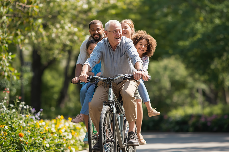 older man riding bike with his family