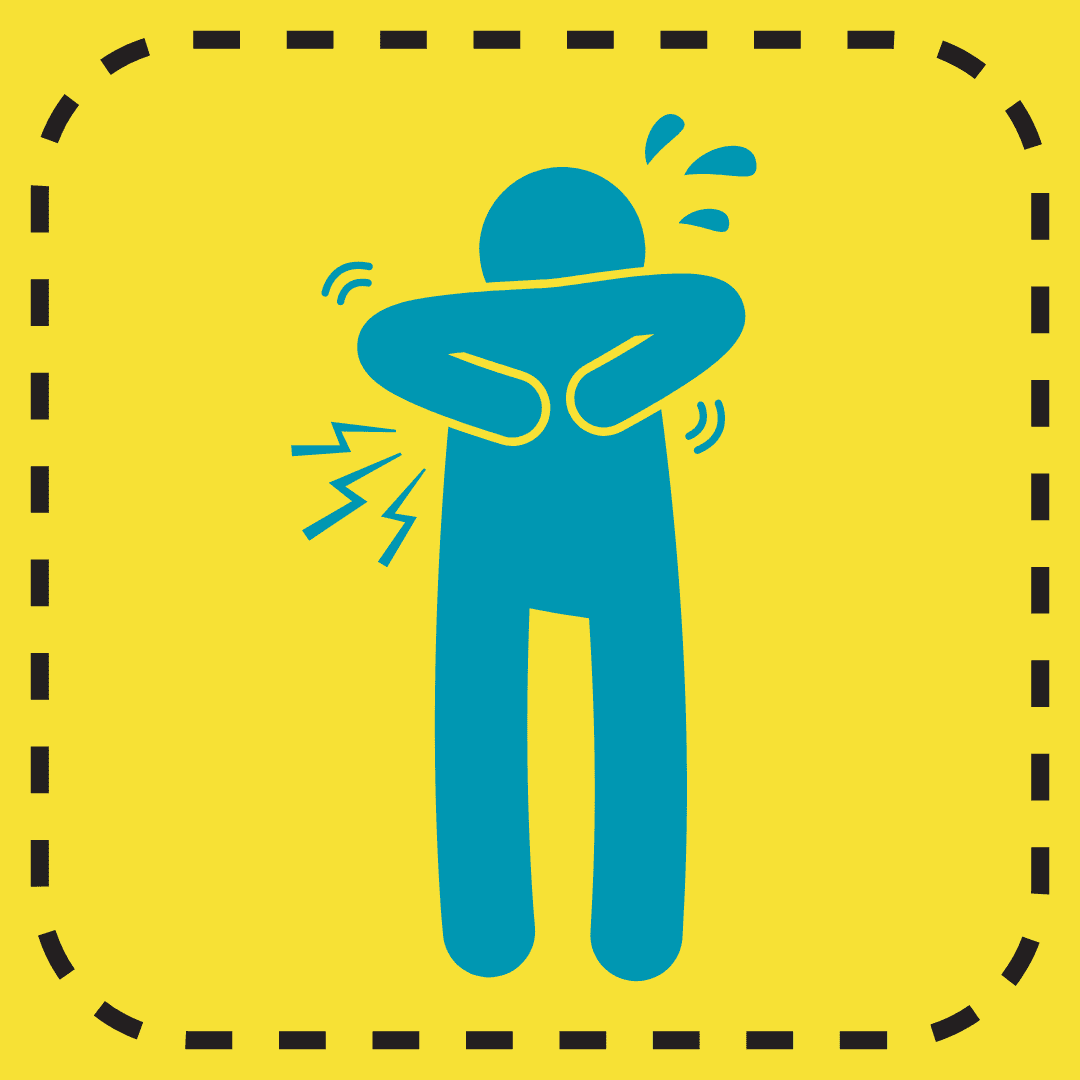 back pain icon. teal body. yellow background.