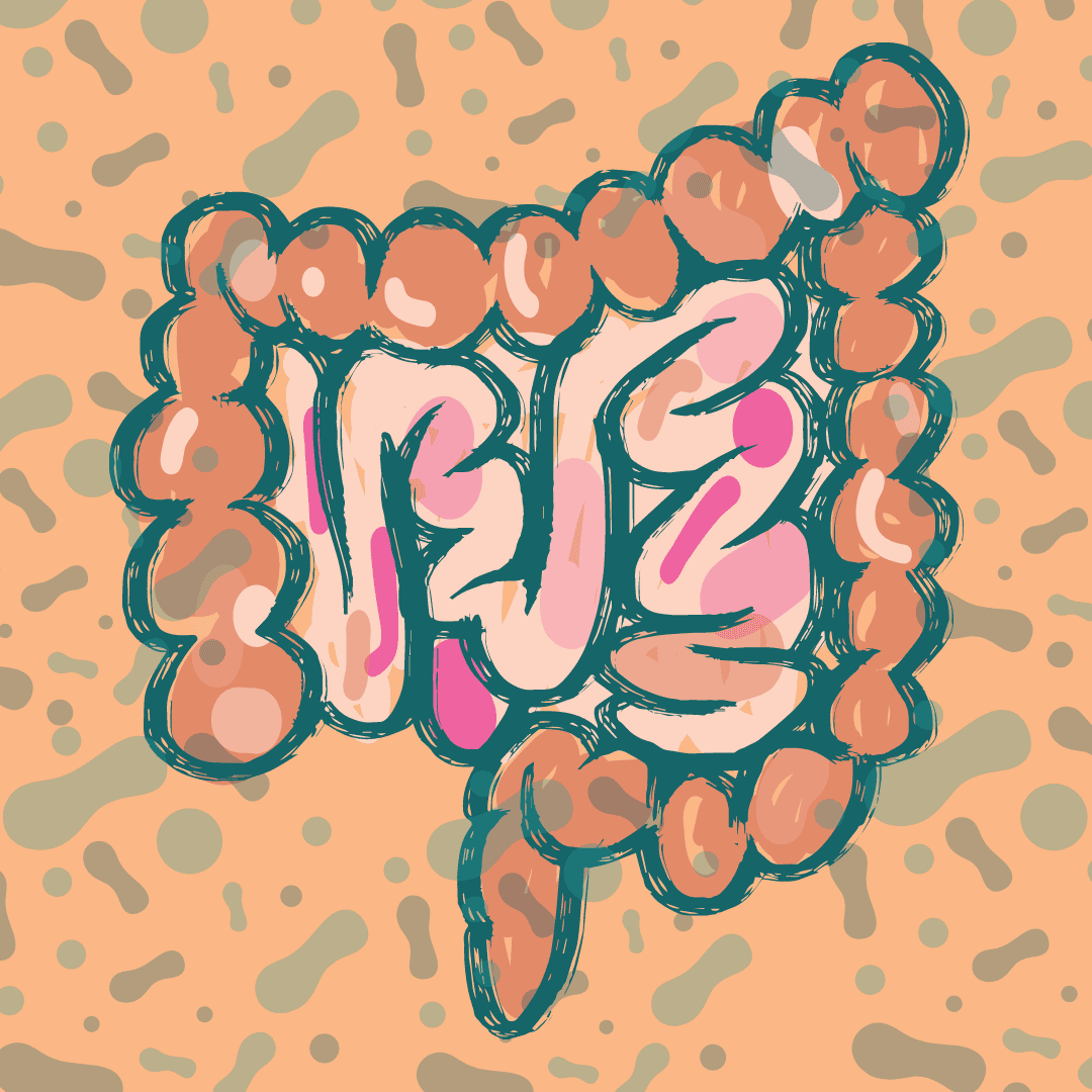 Icon for blog post promoting SIBO and IBS Functional Medicine Webinar. Image is an illustration of an abstract intestine - colors are orange and pink on a peach background with floating green bacteria.
