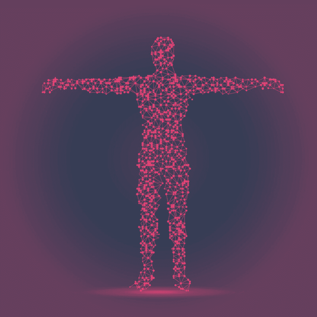Illustration of human body composed of dots on blue background with red and pinkish highlights