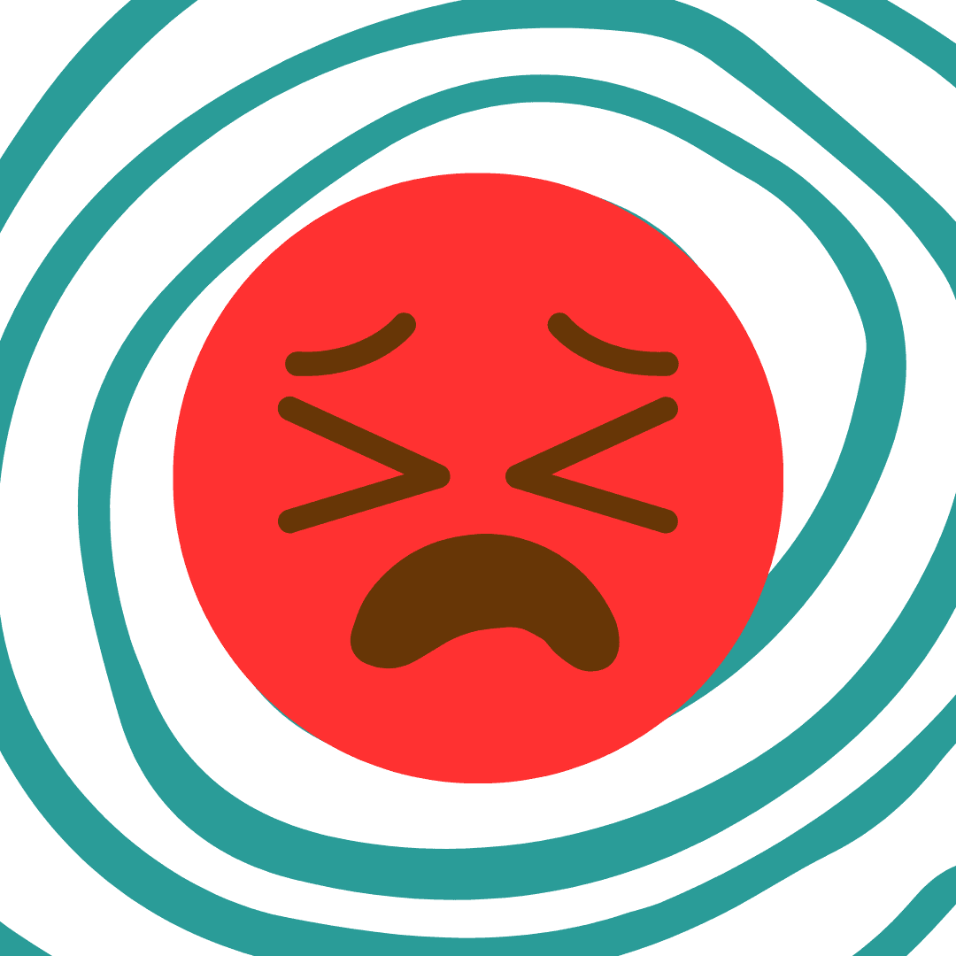 Decorative image for blog. Teal and white swirly background. Red emoji face that is upset and in pain.