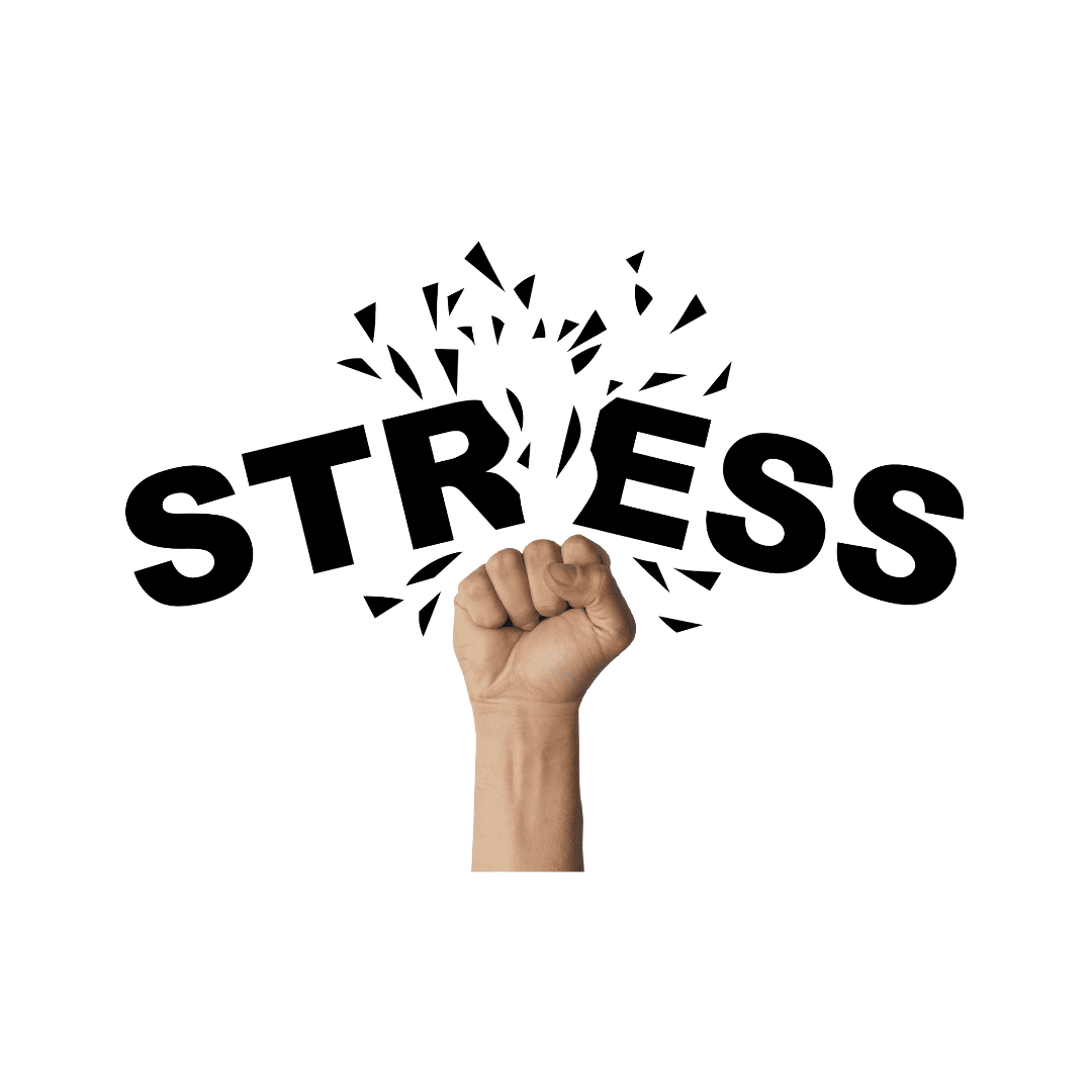 Image of fist punching through the word stress.