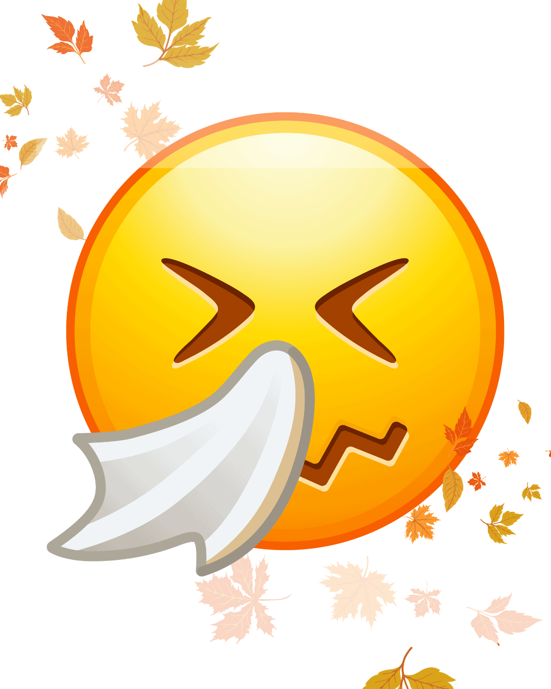(Decorative) Yellow emoji face sneezing on a white background with fall leaves floating behind.