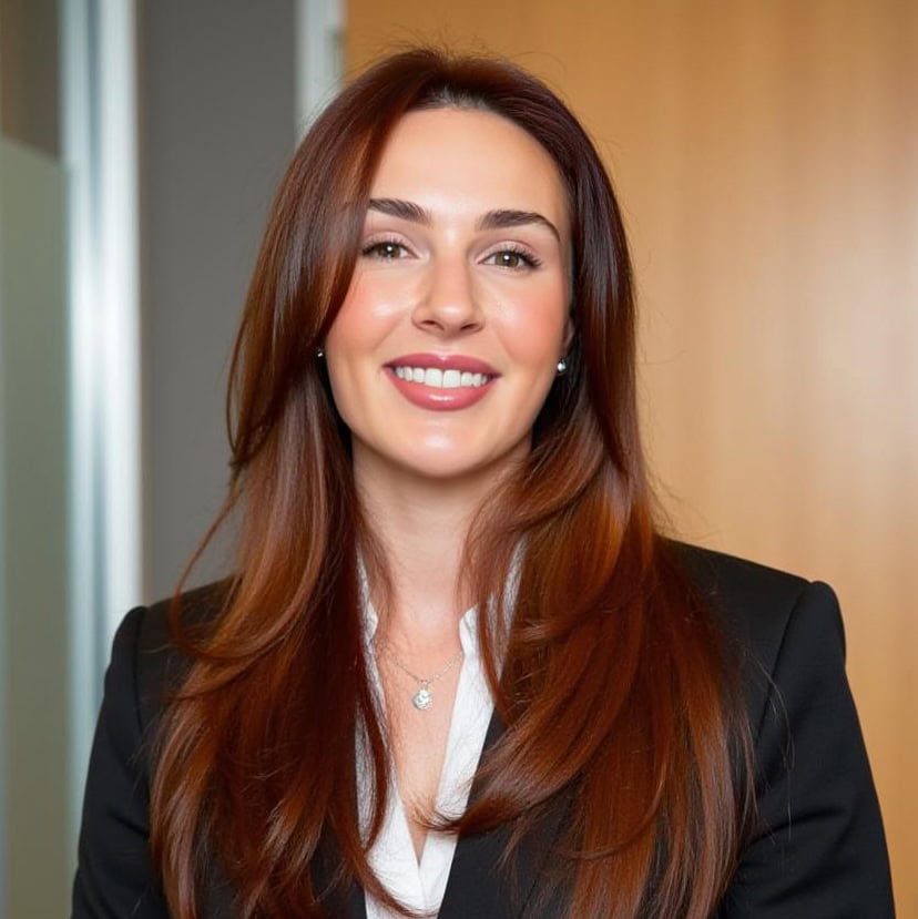 Confident woman with long auburn hair smiling in a professional setting, representing health and wellness services at Aligned Modern Health.
