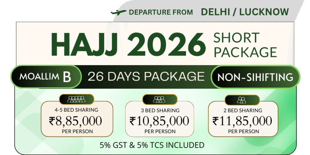 Hajj 2026 26 Days Non-Shifting Short Package – Moallim B from Delhi/Lucknow starting at ₹8,85,000
