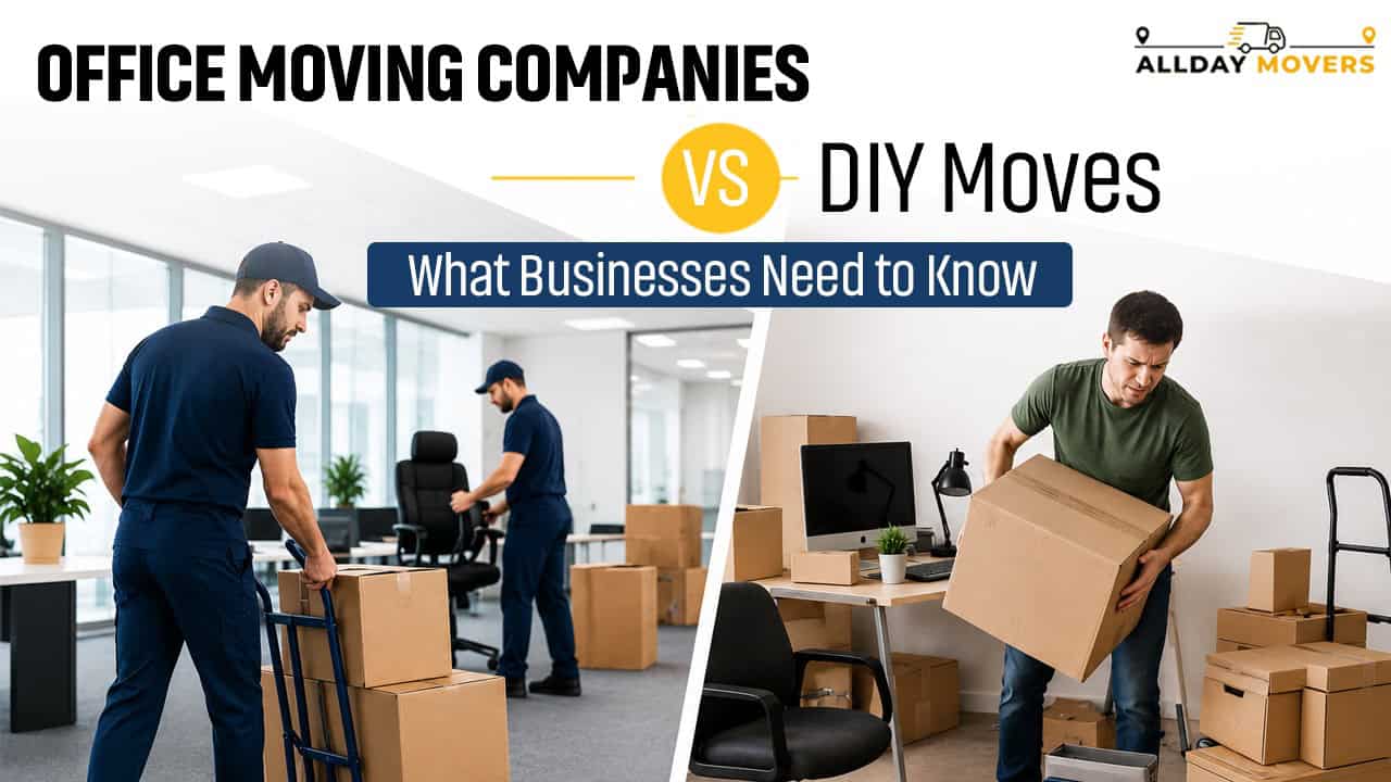 Moving company professionals packing office items in a modern workspace for business relocation.