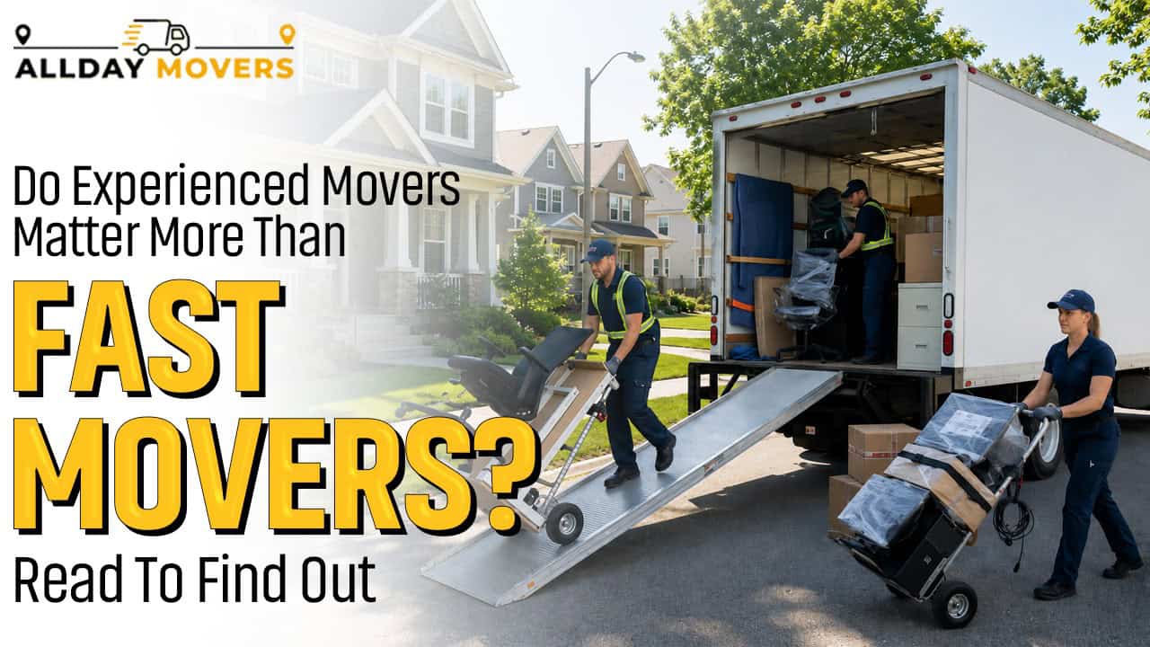 Moving truck with professional movers loading furniture in a residential neighborhood.