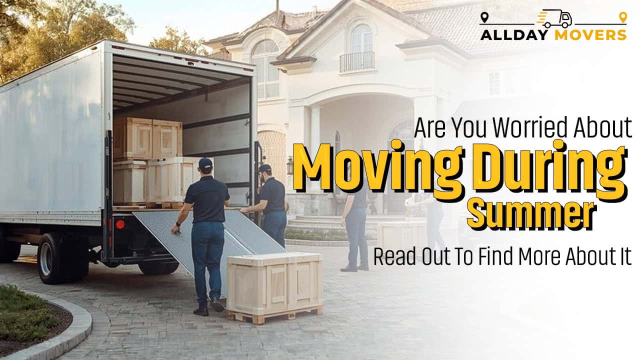Moving truck with movers unloading furniture outside a house.
