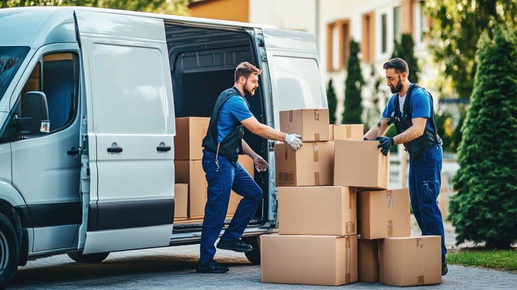 Movers loading boxes into a moving van in Airdrie for a residential move.