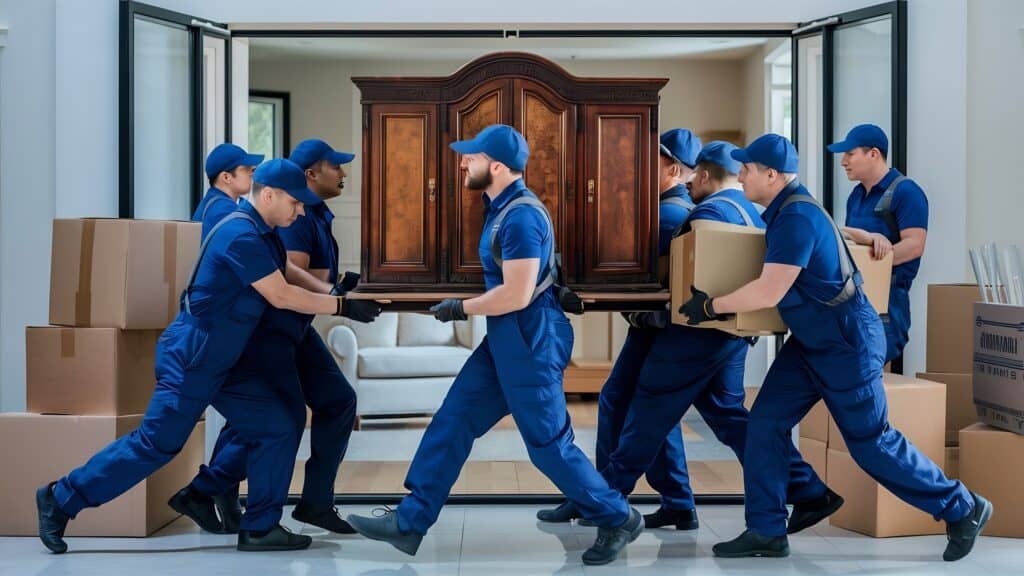 Movers in Blue Uniforms Carrying Furniture During a Move in Red Deer.