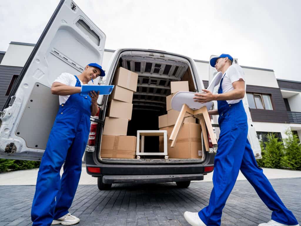 Movers loading boxes into a van for a local move in Langdon.