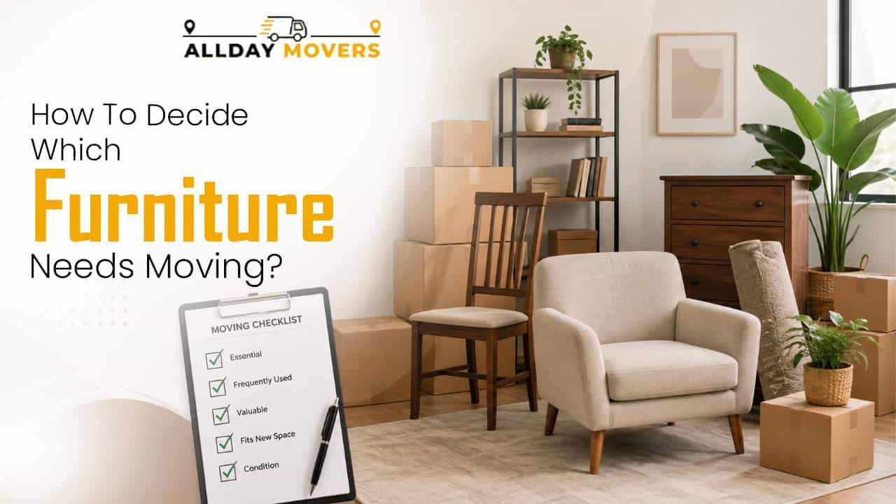Modern living room with furniture and moving checklist for furniture decision.