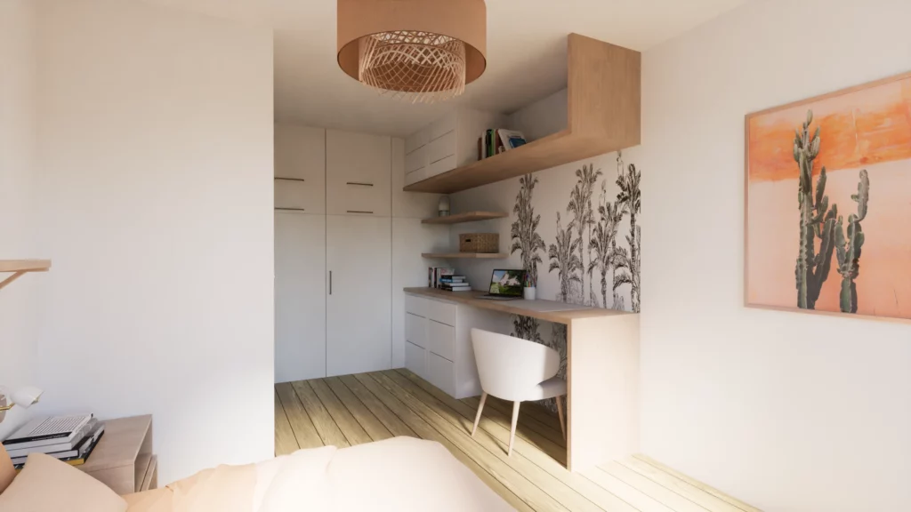 Coin bureau intégré dans une chambre chaleureuse, avec un papier peint végétal qui apporte une touche d’élégance naturelle.