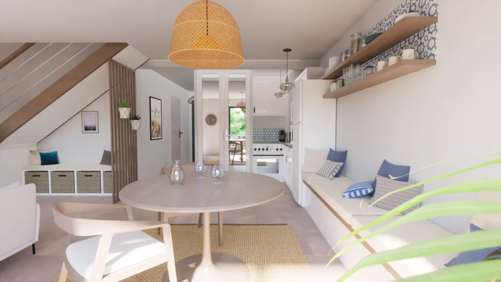 Salle à manger lumineuse et conviviale avec banquette intégrée, ambiance chaleureuse, décor épuré et tons naturels.