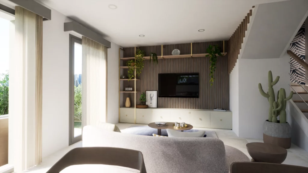 Salon moderne avec meubles intégrés, étagères décorées, cactus décoratif, baies vitrées ouvrant sur un jardin verdoyant.