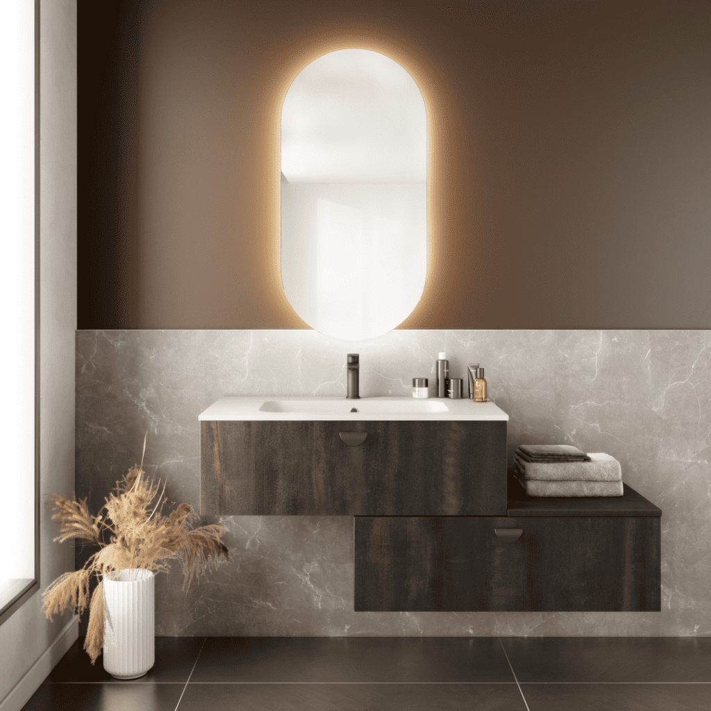 Cette salle de bain moderne arbore un meuble suspendu en finition bois "forêt noire", complété par des poignées minimalistes demi-lune en noir mat. Le design asymétrique du mobilier apporte une touche d'originalité et optimise l'espace de rangement. Le mur d'accent marron chaleureux contraste avec le carrelage effet marbre, créant une ambiance élégante et apaisante. Un miroir ovale rétroéclairé diffuse une lumière douce, renforçant l’atmosphère contemporaine et raffinée de cet espace.
