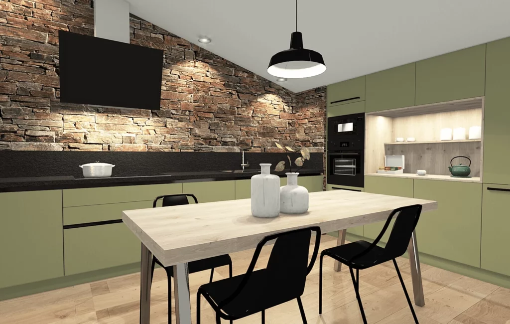 Cuisine aux façades vertes et mur en pierres apparentes pour une ambiance authentique. Éclairage intégré et plan de travail contrastant en noir.