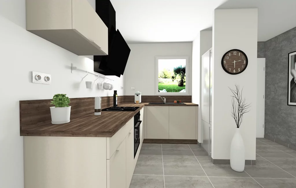 Cuisine compacte et fonctionnelle, pensée pour optimiser l’espace, avec des lignes simples et un plan de travail chaleureux en bois.