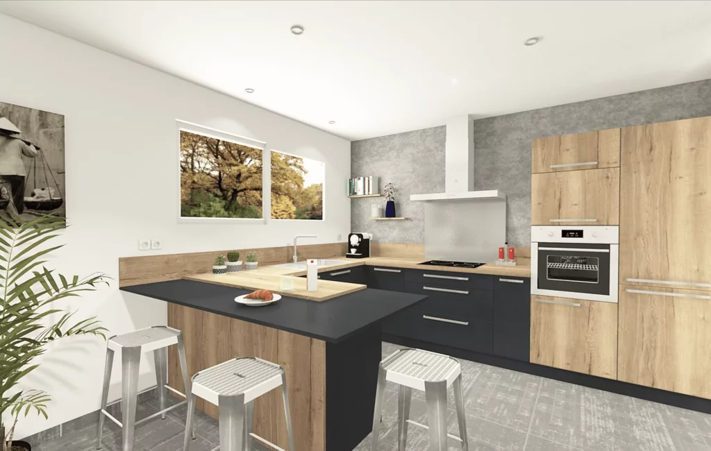 Cuisine zen avec des tons bois naturel et anthracite, associée à un mur en béton ciré pour une ambiance apaisante et contemporaine.