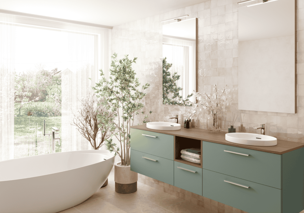 Voici une salle de bain qui allie modernité et nature, avec des meubles vert céladon et un plan de travail en bois brun. Les vasques blanches ovales contrastent élégamment avec la finition boisée. Les carreaux muraux aux nuances douces et la lumière naturelle entrant par une grande baie vitrée créent une ambiance lumineuse et apaisante. La baignoire îlot, associée à une végétation soigneusement disposée, renforce le caractère organique de cet espace conçu pour le bien-être.