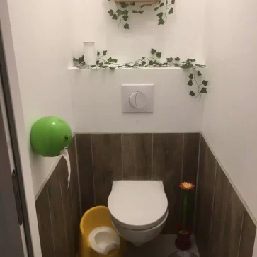 Les toilettes ont été transformées avec une touche naturelle et moderne. Le carrelage effet bois au bas des murs apporte chaleur et caractère, tandis que les éléments décoratifs végétaux renforcent une ambiance zen et accueillante. Le WC suspendu optimise l'espace et facilite l'entretien.