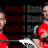 Herrenhandballspieler in rotem Team-Trikot posieren mit Handball und Daumen nach oben, Dank für Unterstützung, UHC Alligator Malans.