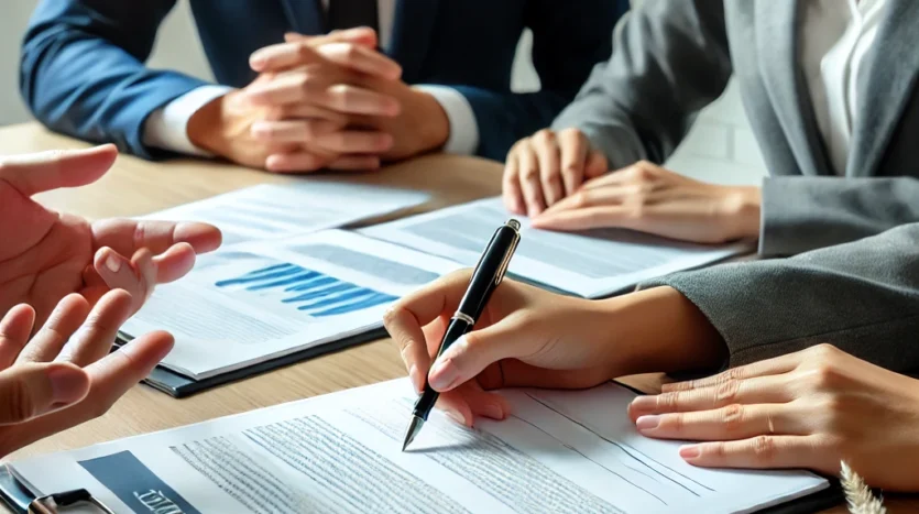 Personnes en réunion professionnelle signant des documents avec un modèle de maison sur la table.