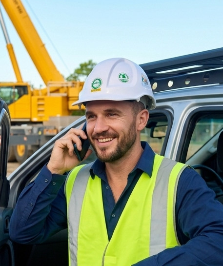 Homme en casque de sécurité et gilet réfléchissant parlant au téléphone sur un chantier de construction.