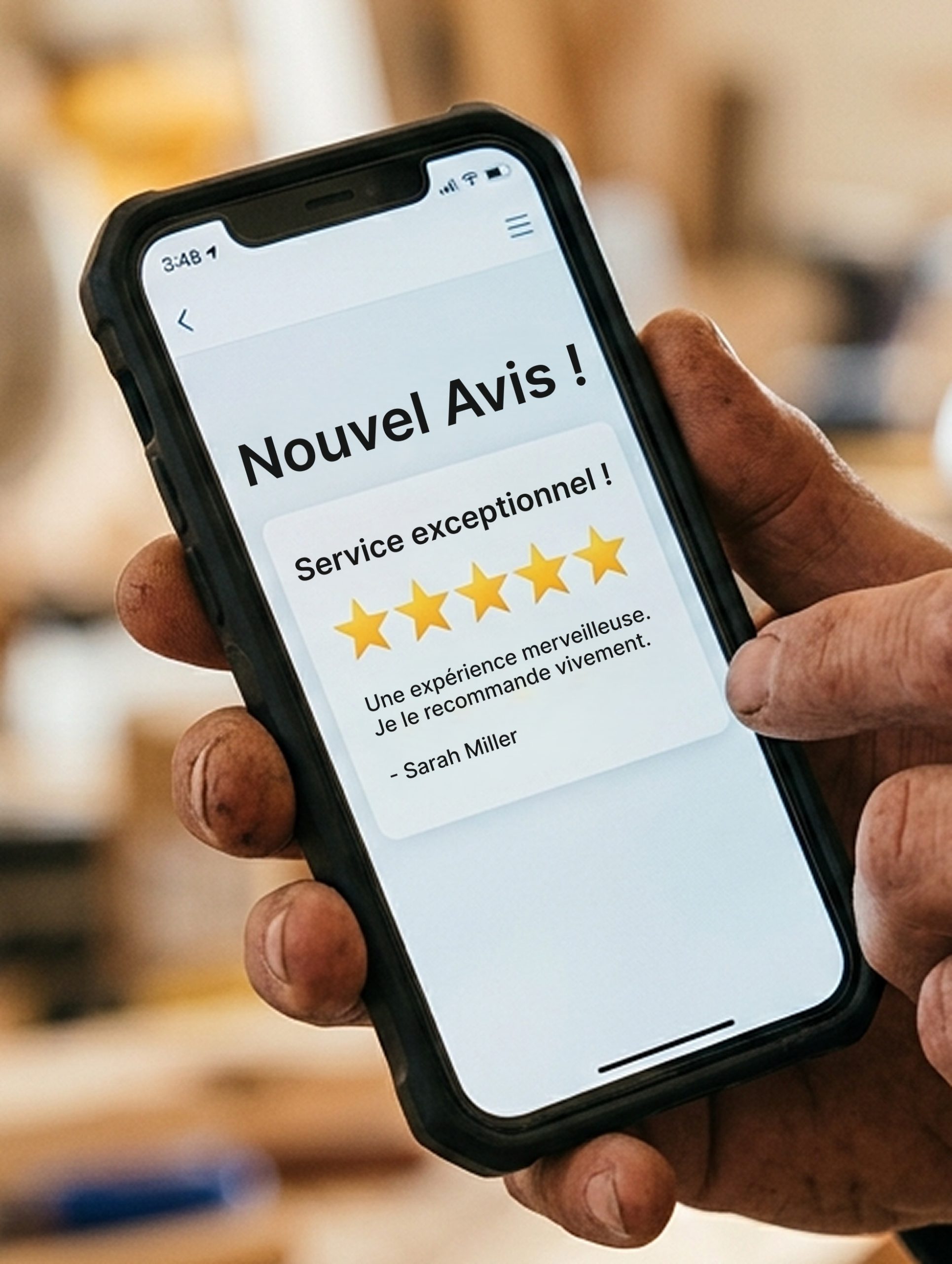 Personne tenant un smartphone affichant un avis positif avec 5 étoiles.