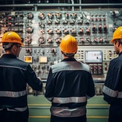 Técnicos en control eléctrico industrial revisando paneles de control y sistemas eléctricos.
