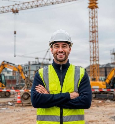 Ingeniero con casco y chaleco en sitio de construcción con maquinaria pesada y grúas en el fondo.