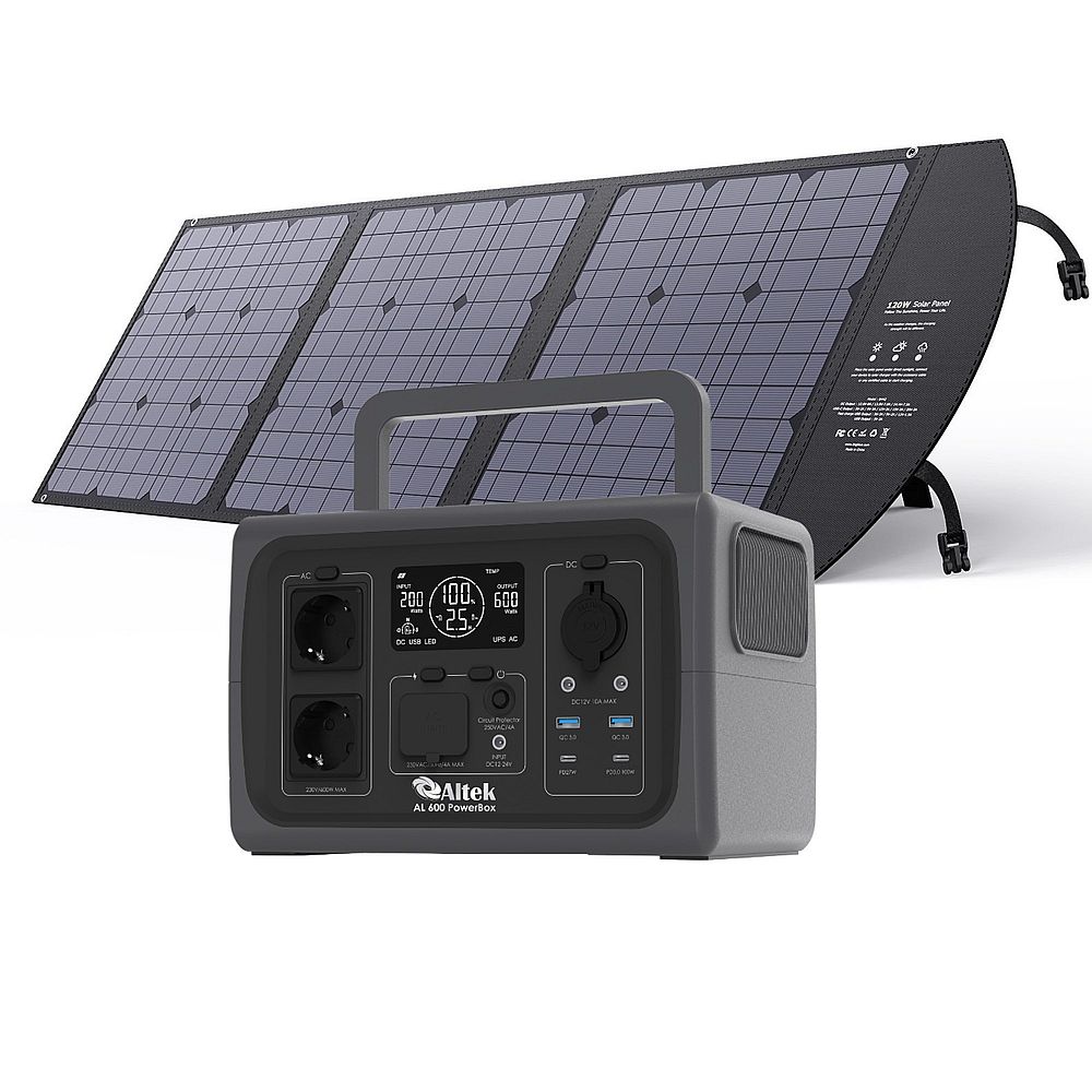 Комплект зарядна станція AL 600 PowerBox + розкладна панель 120W ALT-120, чорна